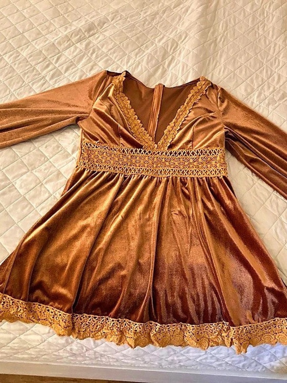 Brown Lace Trim Mini Dress Like New